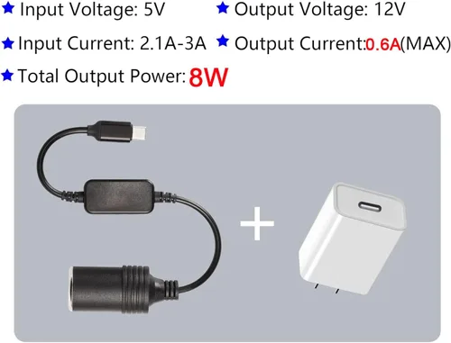 Vista 3 de CERRXIAN Cable de alimentación USB C macho a 12V 8W para encendedor de cigarrillos, cable de alimentación para Dash Cam, GPS, tiras de luz LED