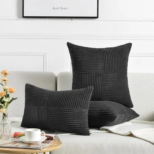 Vista 6 de Fancy Homi - 2 fundas decorativas para cojín cuadrado de pana suave y texturizada con diseño de retazos, para sofá y cama, decoración rústica y Negro