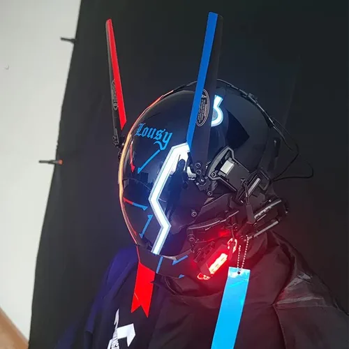 Vista 7 de KYEDAY Máscara punk para hombres, máscara de contraste de color rojo y azul, ropa técnica punk futurista, accesorios de fiesta de música, festivales