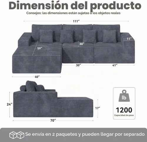 Vista 5 de Sofás seccionales modulares de nube de 111 pulgadas con chaise en forma de L, sofá tapizado de asiento profundo sin estructura para sala de estar
