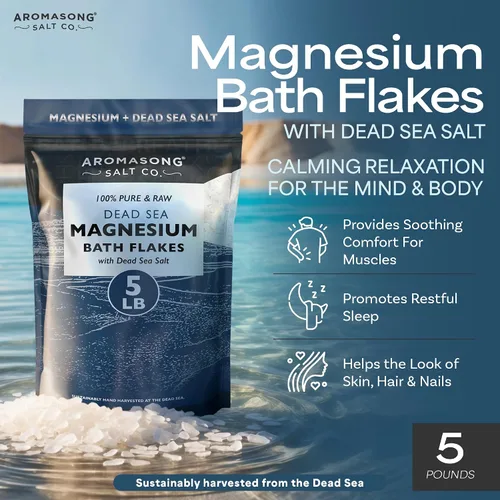 Vista 2 de Aromasong Copos de magnesio crudo para baño + sal del mar muerto para remojo – Paquete resellable de 5 libras de escamas de cloruro de magnesio