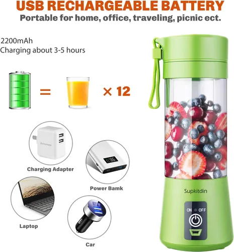 Vista 3 de Licuadora portátil, mezcladora personal de frutas recargable con USB, mini licuadora para batidos, jugo de frutas, batidos de leche, 12.8 fl oz