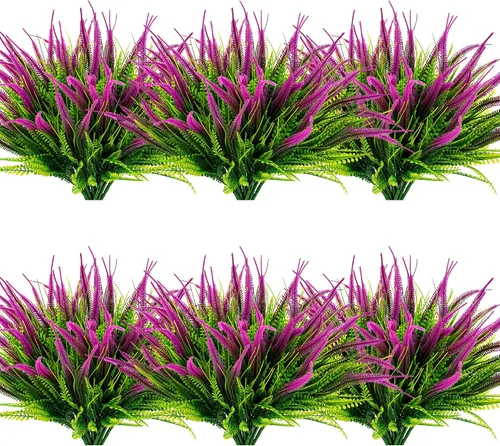 Vista 29 de 8 piezas de plantas falsas para exteriores, resistentes a los rayos UV, plantas de césped alto artificiales, flores tropicales, arbustos, decoración