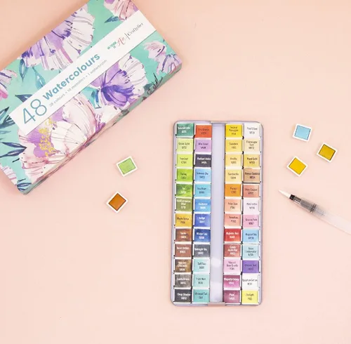 Vista 9 de Craftelier - Pastillero de acuarela con surtido de 48 colores + pincel de agua con depósito de agua para caligrafía, letras o medios mixtos y otras
