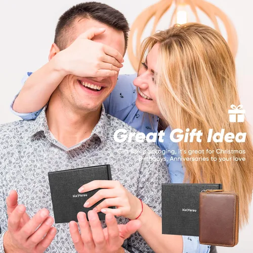 Vista 7 de KE'VERSO Cartera pequeña para tarjetas de crédito, con cremallera para hombres y mujeres, Marrón