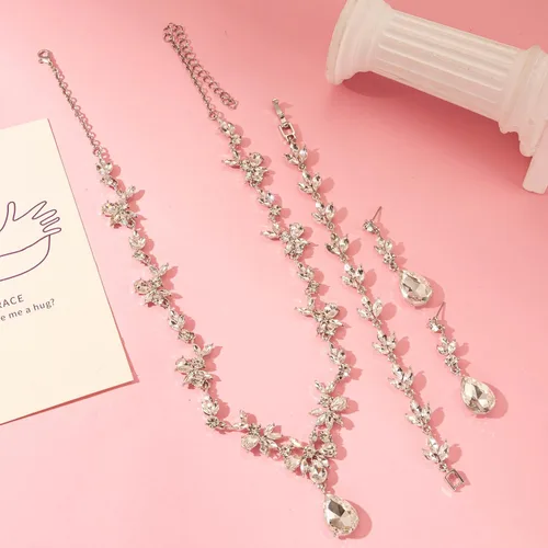 Vista 5 de Paxuan Juego de joyas florales elegantes para mujeres, noviasdamas de honor, conjunto de joyas de cristal para boda, baile de graduación, fiesta