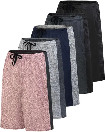Vista 14 de Real Essentials Paquete de 5 para hombre: pantalones cortos Dry-Fit de 9" - Gimnasio atlético, entrenamiento, baloncesto, correr, bolsillos casuales