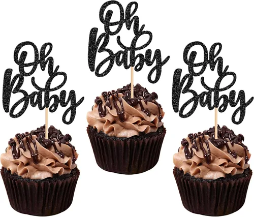 Vista 26 de 24 piezas Oh Baby Cupcake Toppers Glitter Baby Shower Cupcake Picks Reveal Género Decoración de Pasteles para Baby Shower Niños Niñas Fiesta de Azul