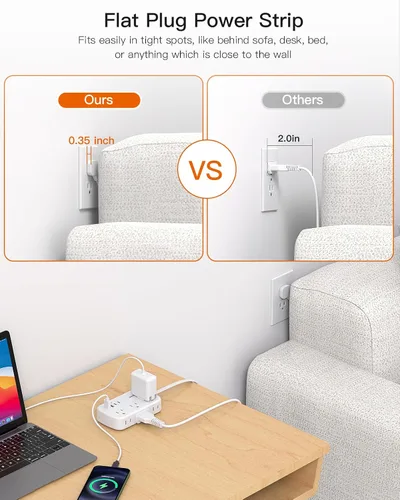 Vista 2 de Regleta de alimentación de 15 pies con enchufe plano y USB C, cable de extensión plano BESHON, 6 tomas de corriente 4 puertos USB (2 USB C), sin