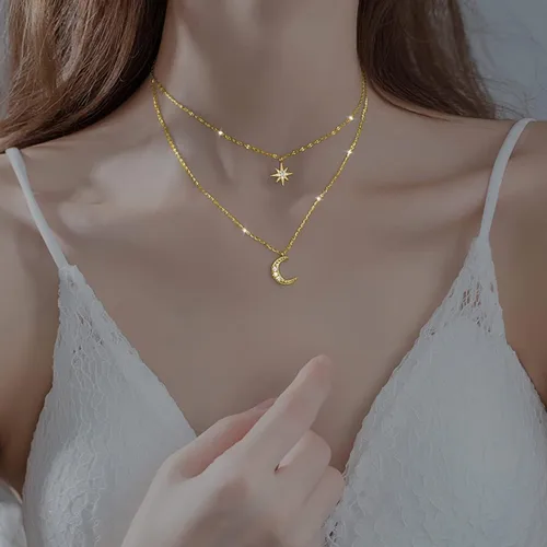 Vista 2 de SLUYNZ Collar de Gargantilla de Cadena de Plata de Ley 925 con Capas, Collar de Estrellas y Lunas para Mujeres, Gargantilla de Cadena de Capas
