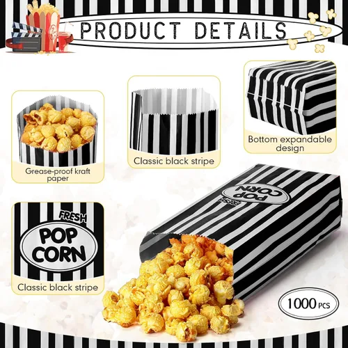 Vista 3 de Sherr 1000 Piezas Bolsas de Palomitas de Maíz de 1 Onza a Granel Negras con Rayas Retro Desechables para Noches de Película Navidad Circo Carnaval