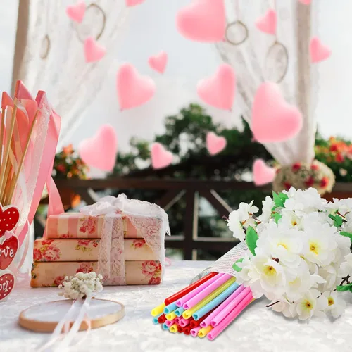 Vista 6 de Jutom Paquete de 25 pajitas en forma de corazón de San Valentín de 9.8 pulgadas reutilizables de silicona con 2 cepillos de limpieza para regalos