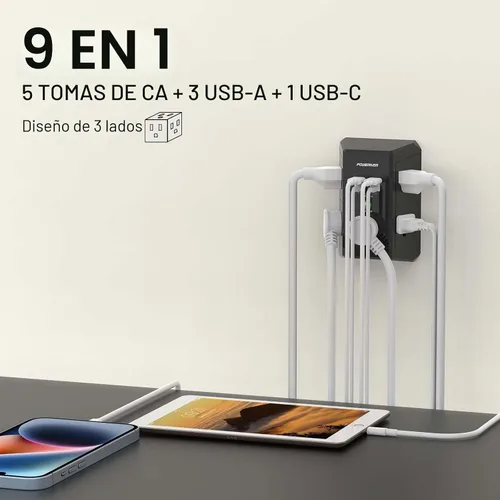Vista 2 de POWERIVER - Extensor de sobretensiones multitoma de corriente con 5 salidas de CA y 4 puertos USB (2 USB C), 1,680 julios, divisor de salida