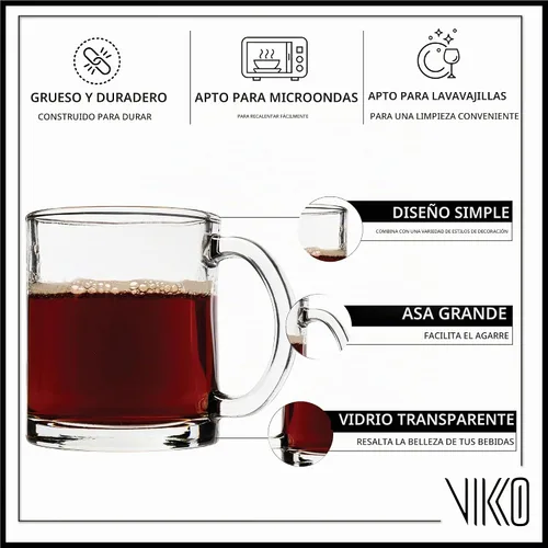 Vista 3 de Vikko Juego de 6 tazas de café de cristal, transparentes de 10.75 onzas, aptas para microondas y lavavajillas
