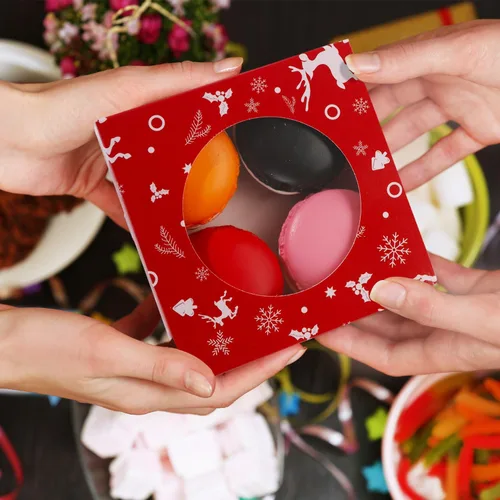 Vista 7 de 60 cajas de galletas de Navidad de 4.3 x 4.3 x 1.2 pulgadas, cajas de panadería de Navidad con ventana redonda transparente para panadería