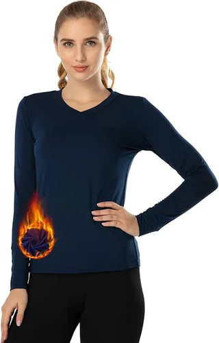 Vista 74 de MANCYFIT Tops térmicos para mujer, camisa con forro polar, manga larga, capa base, cuello en V