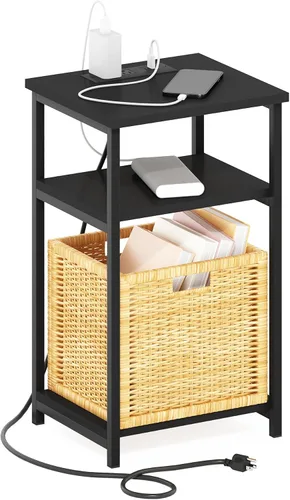 Vista 26 de Furinno Claude Mesa Auxiliar, Mesa Lateral de Mediados de Siglo con Estación de Carga, Mesita de Noche con Patas de Madera, Mesa de Cabecera