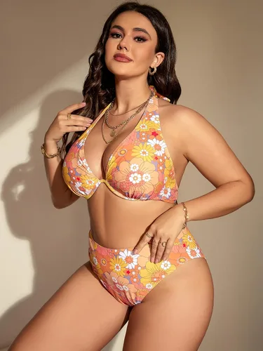 Vista 3 de SOLY HUX Traje de baño de 2 piezas para mujer, talla grande, estampado floral, halter y aros