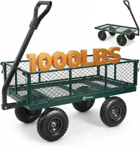 Vista 13 de Sekey Carrito de jardín de malla de acero de 600 libras para patio y patio trasero, carro utilitario con lados extraíbles (cama plana convertible)
