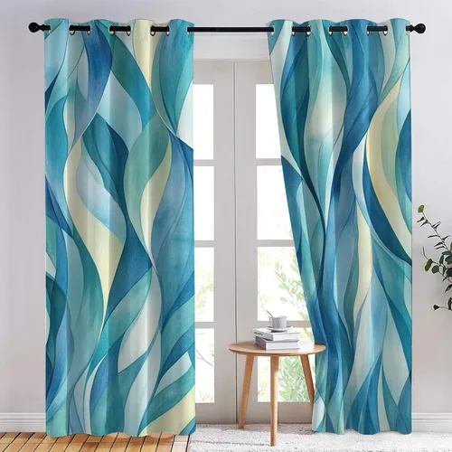 Vista 3 de Cortinas opacas con degradado azul de 39 pulgadas de largo, cortinas abstractas para decoración de dormitorio, cortinas de ventana modernas