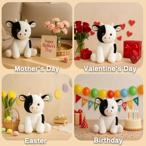 Vista 7 de WEIGEDU Juguete de peluche de vaca lechera floppy – 15.7 pulgadas suave y tierno vaca animal de peluche con ojos bordados, perfecto para niños
