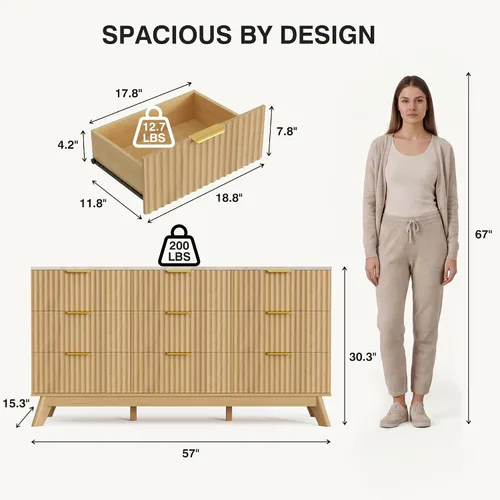 Vista 2 de JUMMICO Cómoda acanalada para dormitorio con 9 cajones, cómoda de 57