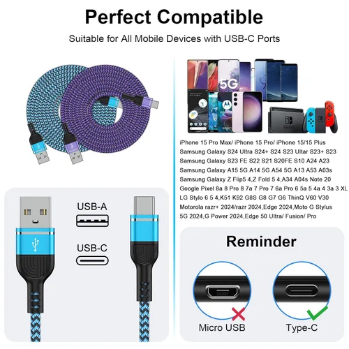 Vista 7 de Cable de carga rápida USB C de 6 pies/2 unidades para iPhone 16/16 Pro/16 Pro Max/16 Plus/15/15 Pro/15 Pro Max, cable USB A a USB C de 3.1 A, cable