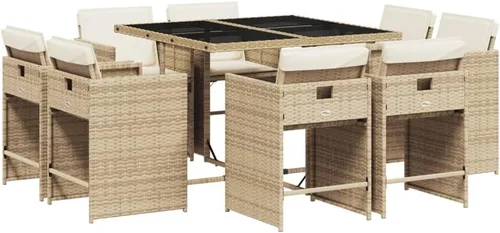 Vista 2 de 9-Piece Patio Dining Set with Cushions Beige Poly Rattan Outdoor Furniture for Garden Backyard Balcony – Foldable Chairs Space Saving Design