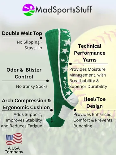 Vista 4 de MadSportsStuff Calcetines de sóftbol con estrellas para niñas y mujeres, calcetines altos por encima de la pantorrilla, tallas para jóvenes y adultos