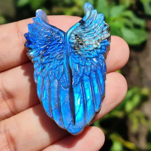 Vista 8 de TEAMWILL Figuras de piedras preciosas de cristal de labradorita azul natural, alas de ángel, curación, reiki, energía, meditación, baño, sala
