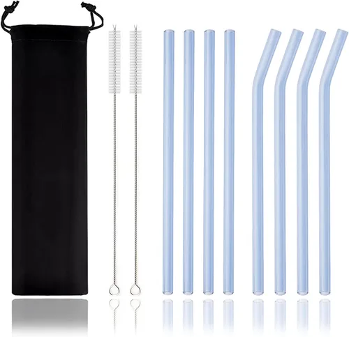 Vista 19 de JASHII Pajitas de vidrio reutilizables, pajitas transparentes de 7.87 x 0.3 pulgadas con cepillo limpio, estuche de viaje negro para bebidas Azul