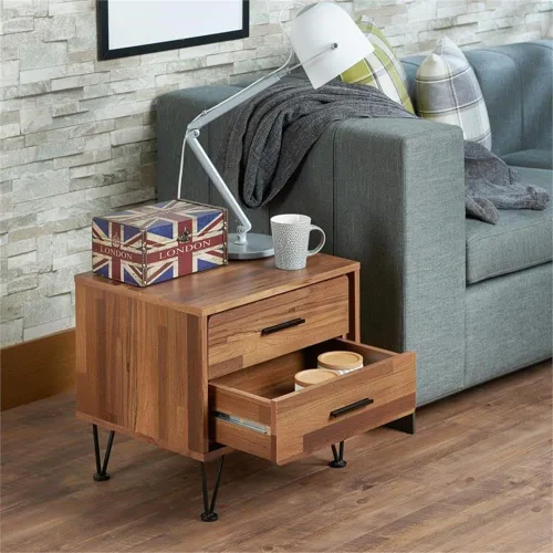 Vista 5 de Acme Deoss Mesita de noche rectangular de madera con 2 cajones con patas en forma de V en nogal