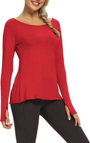 Vista 4 de Mippo Camisetas de yoga para mujer, camisetas de entrenamiento de manga larga, camisetas atléticas con agujero para el pulgar