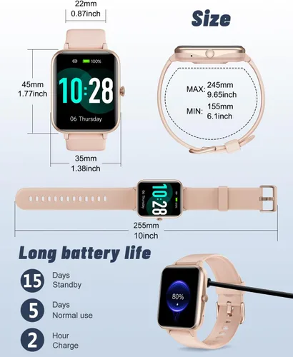 Vista 8 de GRV Reloj inteligente para mujer, llamada Bluetooth, para iPhone Android Rosa bebé
