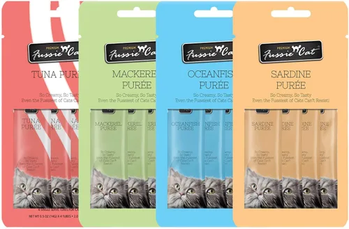 Vista 8 de Fussie Cat Golosinas prémium para gatos en puré de atún, golosinas para lamer, 3 paquetes de tubos de 4 a 0.5 onzas, (12 tubos en total), variedad