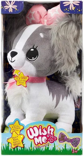 Vista 3 de Pets - Animales de peluche con luz LED, cachorro Cavalier gris esponjoso con lazo rosa
