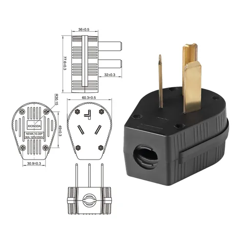 Vista 6 de TENINYU Enchufe de 3 polos, 3 cables para secador, cable de extensión macho de hoja recta, conector eléctrico de repuesto, enchufe NEMA 10-30P