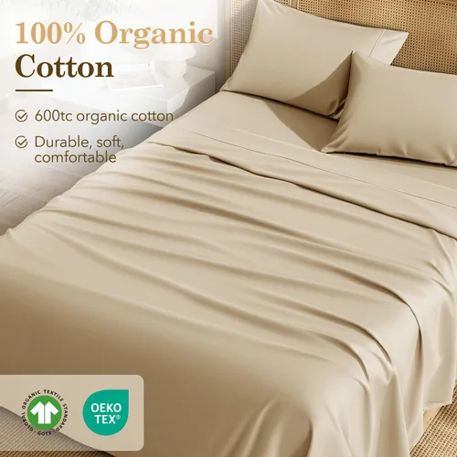 Vista 2 de SONORO KATE Juego de sábanas de 100 % algodón orgánico, 600 hilos, sábanas de algodón con certificación GOTS, suaves, transpirables y sedosas