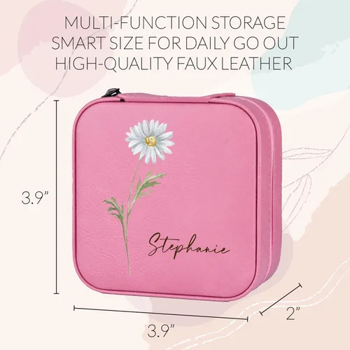 Vista 3 de Joyero de cuero personalizado con mes y nombre de flores de nacimiento coloridas, color blanco, estuche de viaje de joyería personalizado