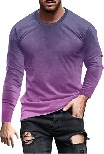 Vista 12 de Camisetas grandes y altas para hombre, camiseta gráfica casual de moda, manga larga, color degradado, sudadera para salir
