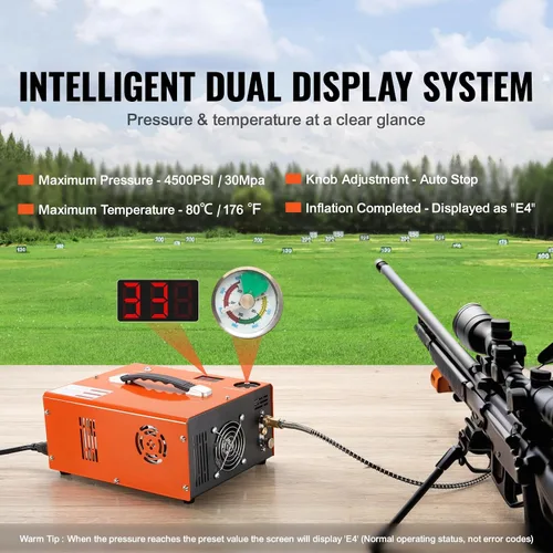 Vista 2 de Compresor de aire PCP 4500Psi/30Mpa, bomba de llenado rápido sin aceite de 300 W con apagado automático, doble potencia 12 V CC y 110 V CA