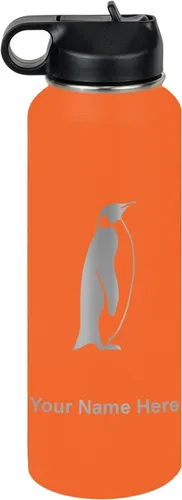 Vista 41 de LaserGram Botella de agua personalizada, pingüino, acero inoxidable de doble pared aislada al vacío con popote superior, regalo grabado