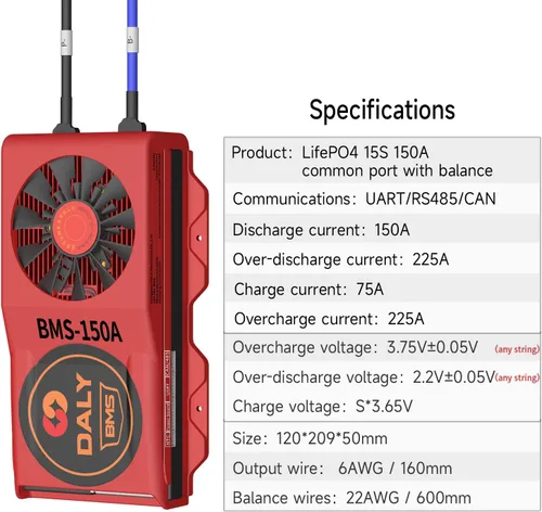 Vista 5 de DALY Smart BMS LiFePo4 15S 48V 150A PCB Sistema de gestión de batería con comunicación UART CAN 485 Módulo de monitoreo de batería Bluetooth