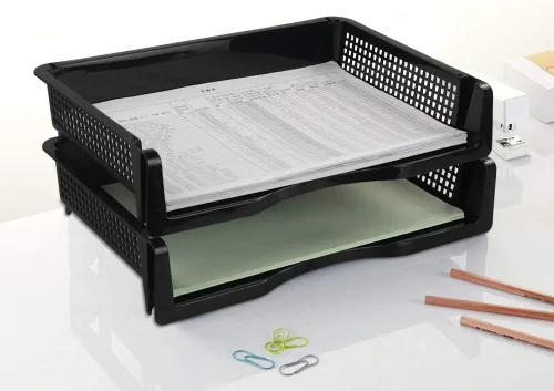 Vista 7 de Bandeja de almacenamiento de papel apilable de plástico, bandeja apilable de oficina, negro, paquete de 6