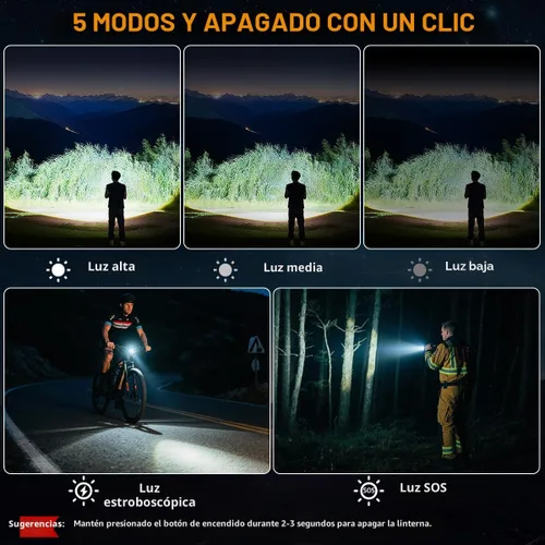 Vista 5 de Paquete de 3 linternas recargables de alto lúmenes 9900FL, linterna LED recargable con pantalla digital LCD, 5 modos de luz de flash ajustable