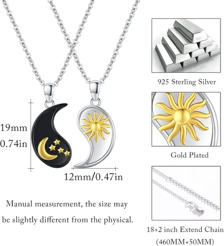 Vista 5 de XIXLES Yin Yang - Collar de plata de ley 925 con luna y sol a juego para parejas, para 2 amistades, mejores amigos, parejas, familiares