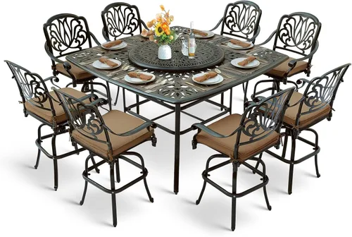 Vista 11 de Juego de barra para exteriores de 10 piezas, muebles de bar de aluminio fundido para todo tipo de clima con 8 taburetes de bar giratorios Bronce