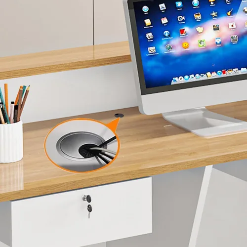 Vista 6 de LITFAD Recepción de computadora en forma de L - Escritorio de recepción de madera fabricada con gabinete, gestión de cables y bandeja para teclado