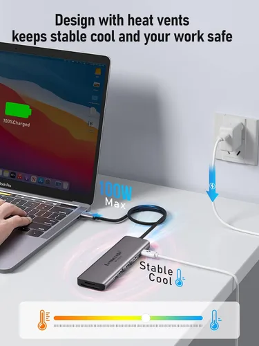 Vista 4 de Adaptador multipuerto USB C, estación de acoplamiento HDMI 7 en 1 4K 60Hz, 100 W PD, ranuras SD/TF 3.0, 2 puertos de datos USB 3.0 y USB C 3.0 de 5