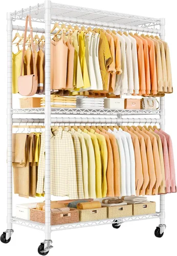 Vista 10 de ULIFHOME P5 Plus - Perchero resistente para colgar ropa, perchero de metal con ruedas, estante portátil de 3 niveles para armario de 45 pulgadas